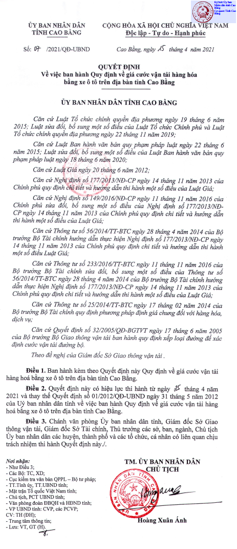 Bảng cước vận chuyển tỉnh Cao Bằng năm 2021