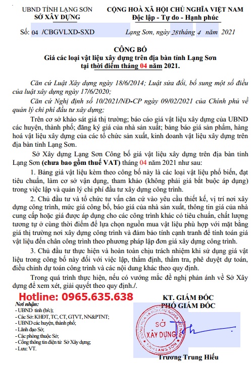 Giá vật liệu xây dựng Lạng Sơn tháng 4 năm 2021