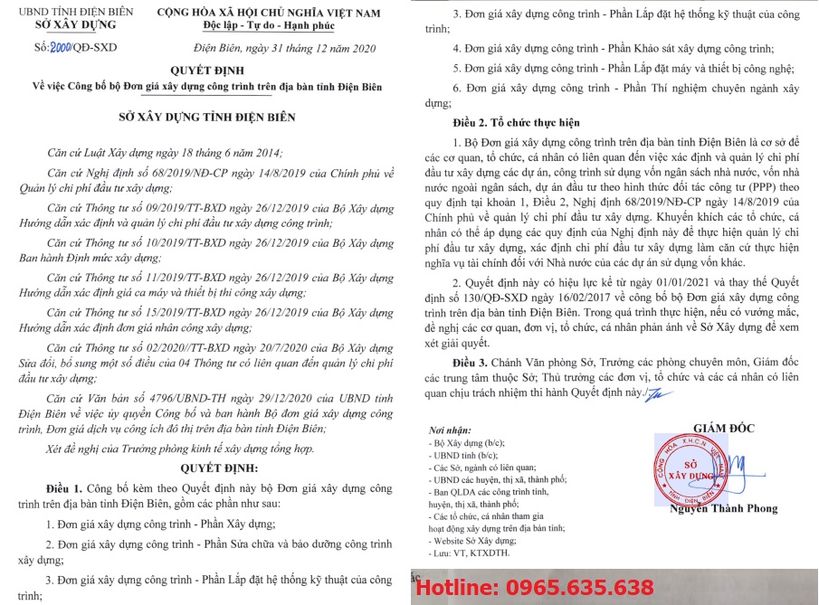 Đơn giá khảo sát tỉnh Điện Biên Quyết định 2000/QĐ-SXD