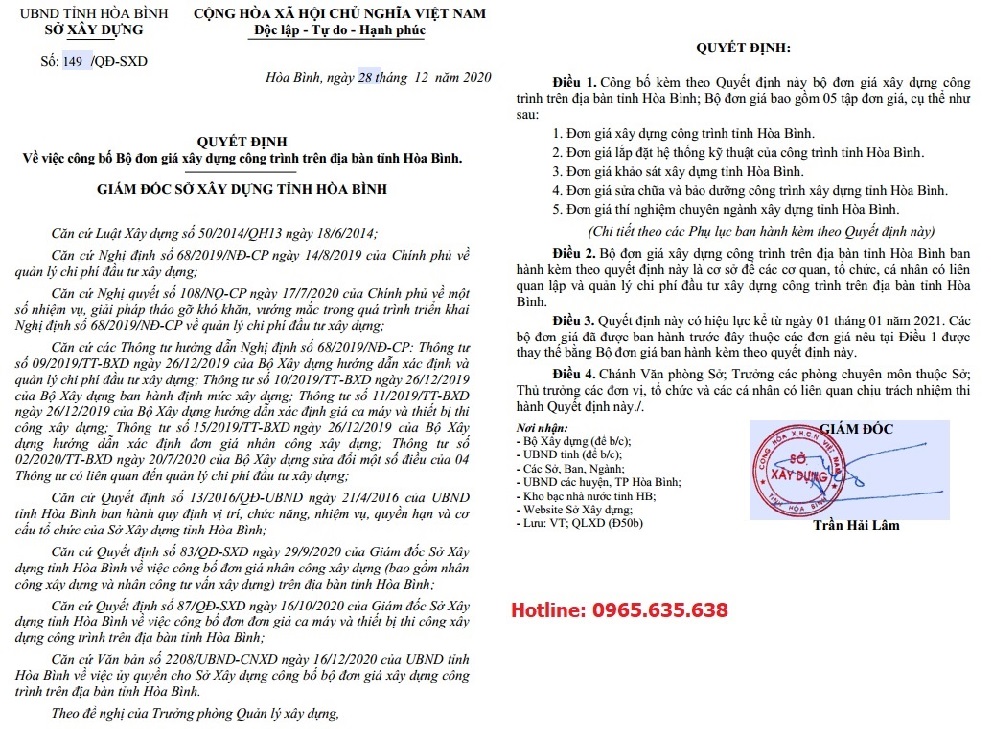 Đơn giá khảo sát tỉnh Hòa Bình Quyết định 149/QĐ-SXD