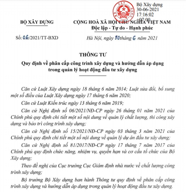 Thông tư 06/2021/tt-bxd của Bộ xây dựng