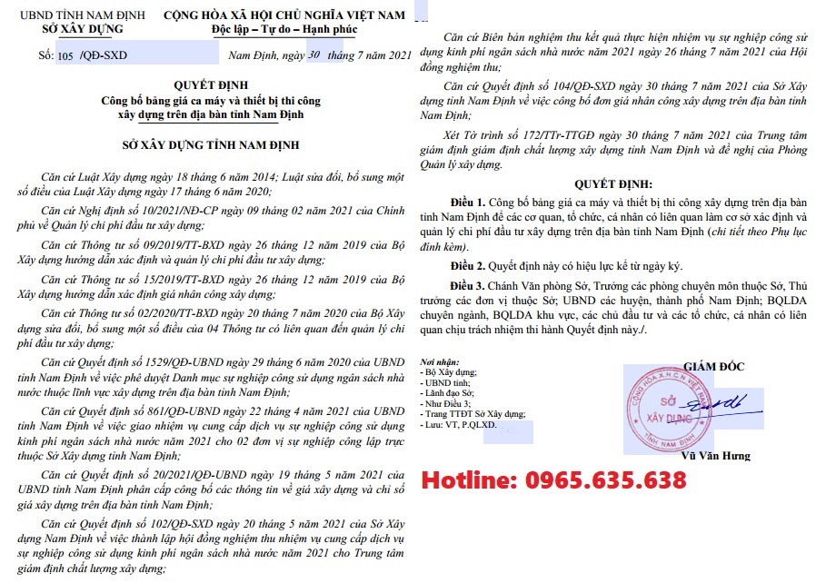 Bảng giá ca máy tỉnh Nam Định năm 2021