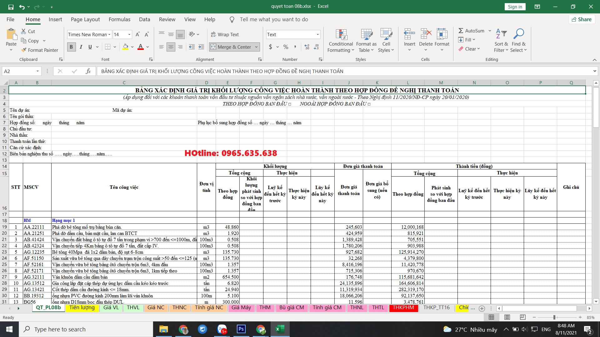 file excel quyết toán công trình