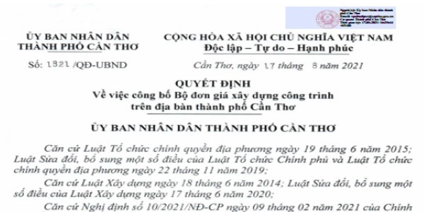 Quyết định 1821/QĐ-UBND Đơn giá xây dựng Cần Thơ năm 2021
