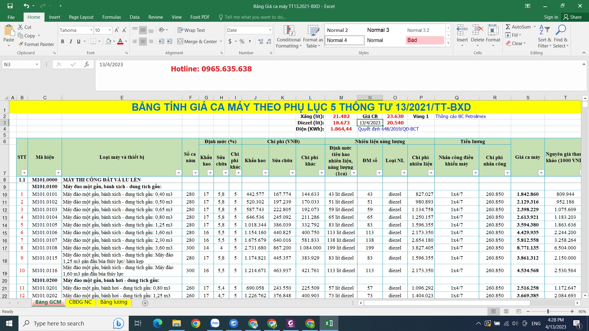 file excel bảng giá ca máy thông tư 13/2021/tt-bxd