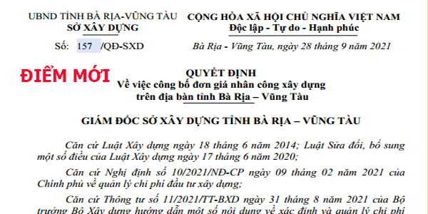 Quyết định 157/QĐ-SXD đơn giá nhân công Bà Rịa Vũng Tàu năm 2021
