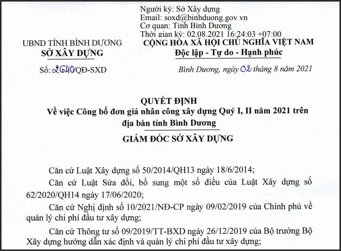 Quyết định 2640/qđ-sxd đơn giá nhân công bình dương