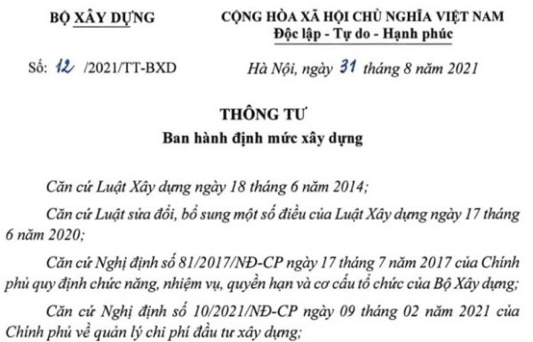 Thông tư 12/2021/TT-BXD Bộ xây dựng
