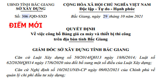Bảng giá ca máy tỉnh Bắc Giang năm 2021