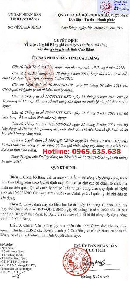 Bảng giá ca máy tỉnh Cao Bằng năm 2021