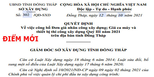 Bảng giá ca máy tỉnh Đồng Tháp quyết định 302/QĐ-SXD
