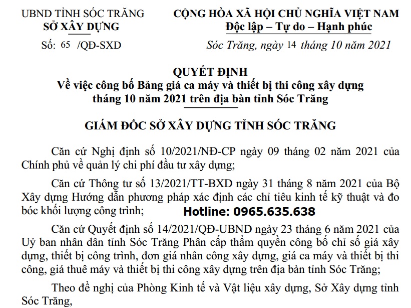 Bảng giá ca máy tỉnh Sóc Trăng năm 2021