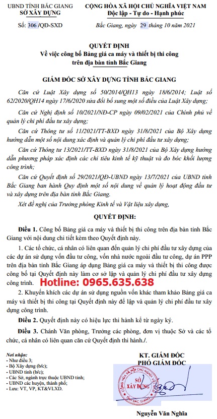 Quyết định 306/QĐ-SXD Bảng giá ca máy tỉnh Bắc Giang