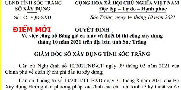 Quyết định 65/QĐ-SXD Bảng giá ca máy thiết bị tỉnh Sóc Trăng năm 2021