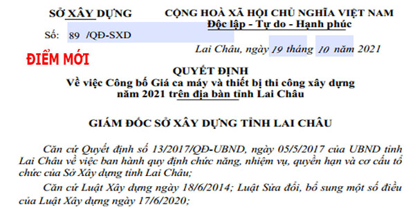 Quyết định 89/QĐ-SXD Bảng giá ca máy Lai Châu 2021