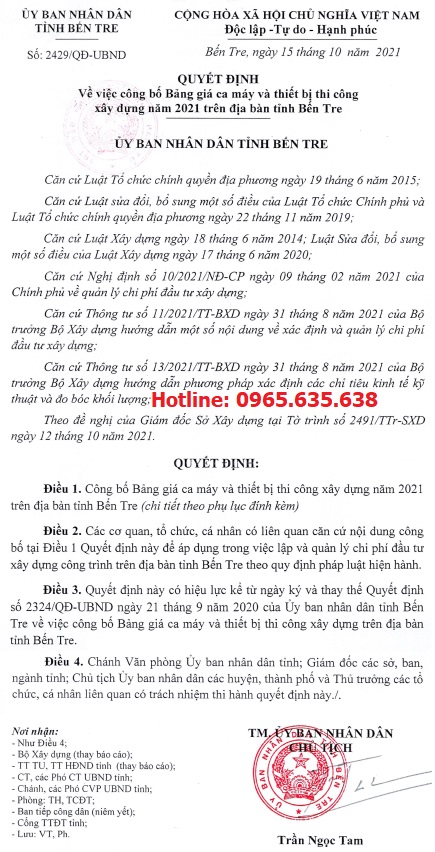 Quyết định 2429/QĐ-UBND Bảng giá ca máy tỉnh Bến Tre năm 2021
