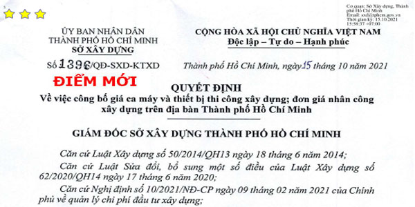 Bảng giá ca máy Hồ Chí Minh Quyết định 1396/QĐ-SXD-KTXD năm 2021