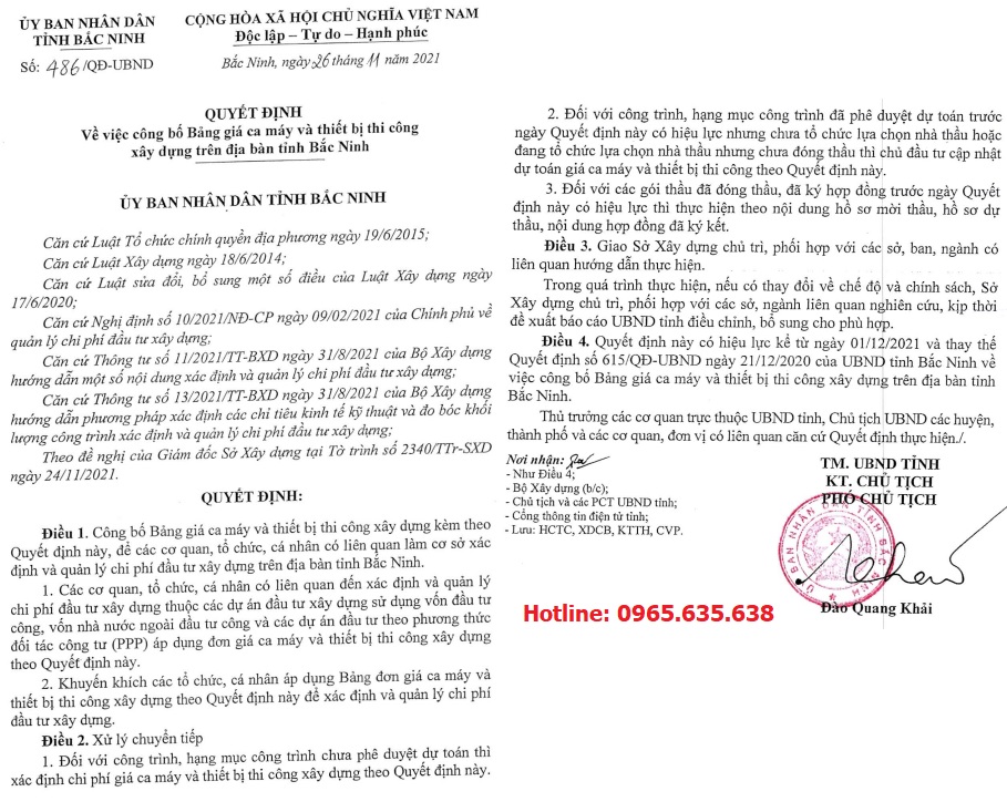 Bảng giá ca máy tỉnh Bắc Ninh quyết định 486/QĐ-UBND