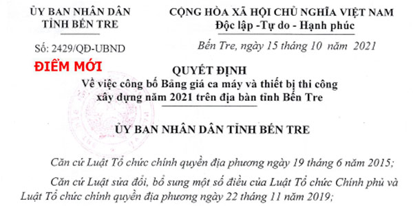 Bảng giá ca máy tỉnh Bến Tre năm 2021