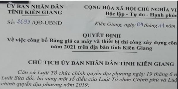 Bảng giá ca máy tỉnh Kiên Giang
