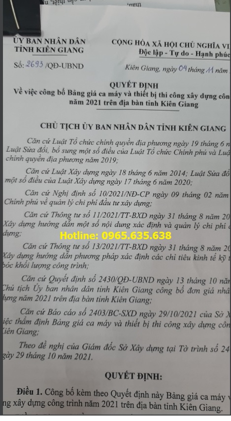 Bảng giá ca máy tỉnh Kiên Giang năm 2021