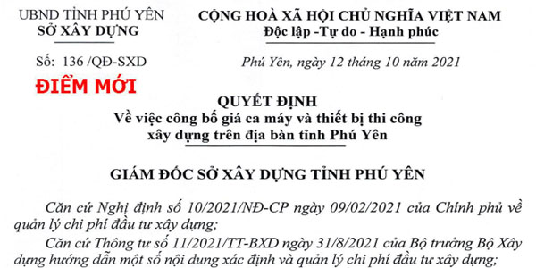 Bảng giá ca máy tỉnh Phú Yên Quyết định 136/QĐ-SXD