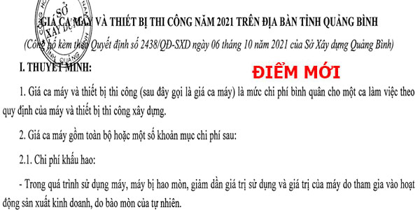 Bảng giá ca máy tỉnh Quang Bình năm 2021 Quyết định 2438/QĐ-SXD