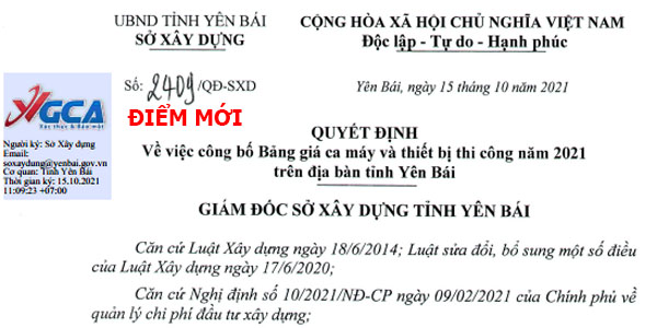 Quyết định 2409/QĐ-SXD Bảng giá ca máy tỉnh Yên Bái