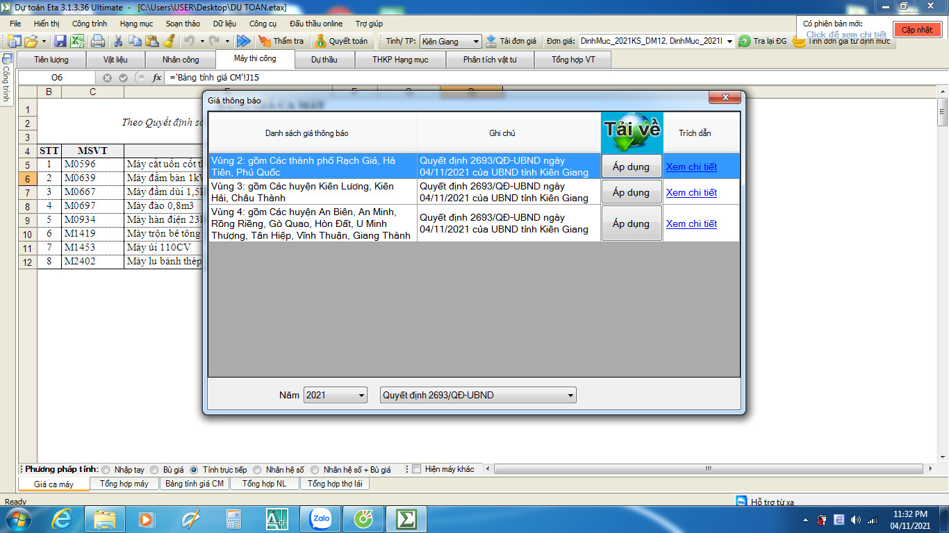 Quyết định 2693/QĐ-UBND Bảng giá ca máy tỉnh Kiên Giang