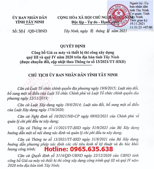 Quyết định 3131/QĐ-UBND Bảng giá ca máy tỉnh Tây Ninh