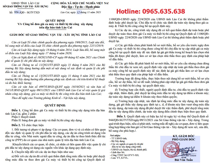 Quyết định 956/QĐ-SGTVTXD bảng giá ca máy tỉnh Lào Cai