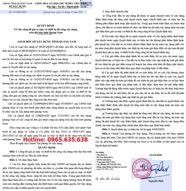 bảng giá ca máy tỉnh quảng nam quyết định 213/qđ-sxd