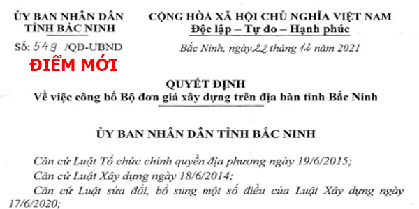 quyết định 594/qđ-ubnd đơn giá xây dựng tỉnh bắc ninh