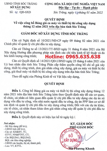 bảng giá ca máy tỉnh sóc trăng năm 2022