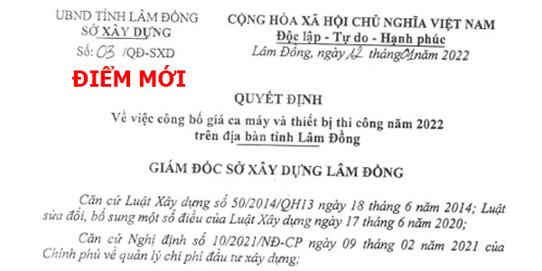 Quyết định 03/QĐ-SXD Bảng giá ca máy tỉnh Lâm Đồng