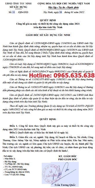 Quyết định 11/QĐ-SXD Bảng giá ca máy tỉnh Tây Ninh