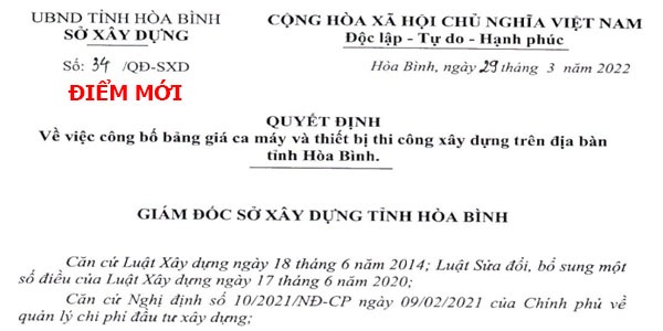 Bảng giá ca máy tỉnh Hòa Bình Quyết định 34/QĐ-SXD