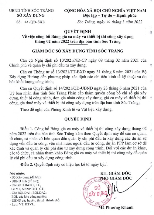 Bảng giá ca máy tỉnh Sóc Trăng năm 2022 Quyết định 42/QĐ-SXD