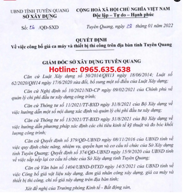 Bảng giá ca máy tỉnh Tuyên Quang năm 2022 Quyết định 26/QĐ-SXD