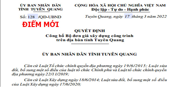Đơn giá xây dựng tỉnh Tuyên Quang Quyết định 128/QĐ-UBND 17/3/2022