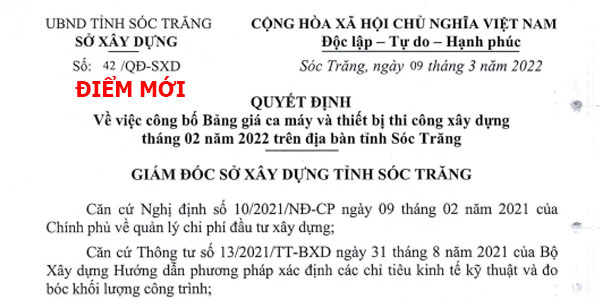 Bảng giá ca máy tỉnh Sóc Trăng năm 2022 Quyết định 42/QĐ-SXD