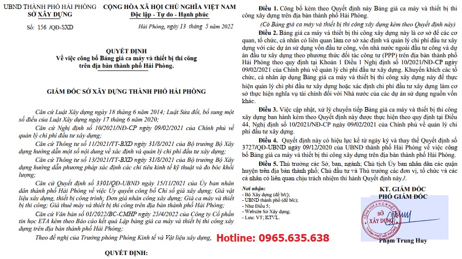 Bảng giá ca máy hải phòng quyết định 156/QĐ-SXD năm 2022