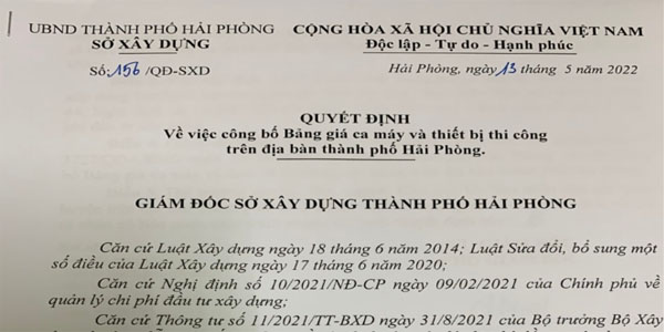 Bảng giá ca máy Hải Phòng Quyết định 156/QĐ-SXD