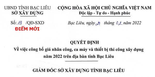 Bảng giá ca máy tỉnh Bạc Liêu năm 2022 Quyết định 19/QĐ-SXD