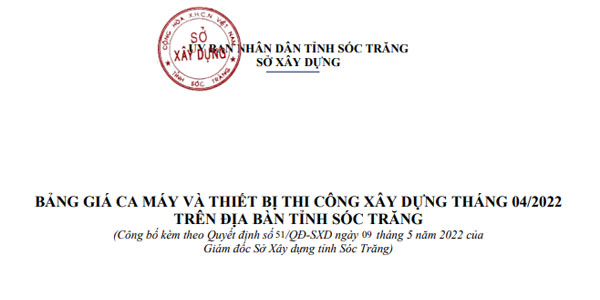 Bảng giá ca máy tỉnh Sóc Trăng Quyết định 51/QĐ-SXD