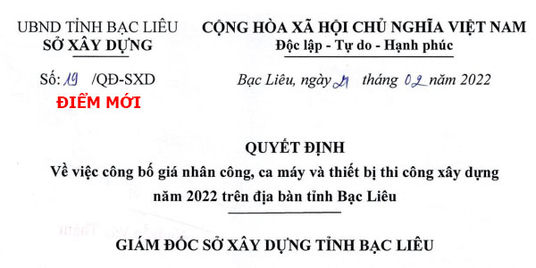 Đơn giá nhân công tỉnh Bạc Liêu Quyết định 19/QĐ-SXD