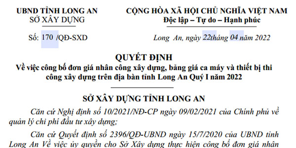 Quyết định 170/QĐ-SXD Bảng giá ca máy tỉnh Long An