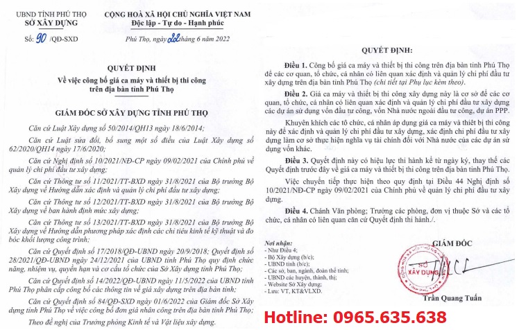 Quyết định 90/QĐ-SXD Bảng giá ca máy tỉnh Phú Thọ năm 2022