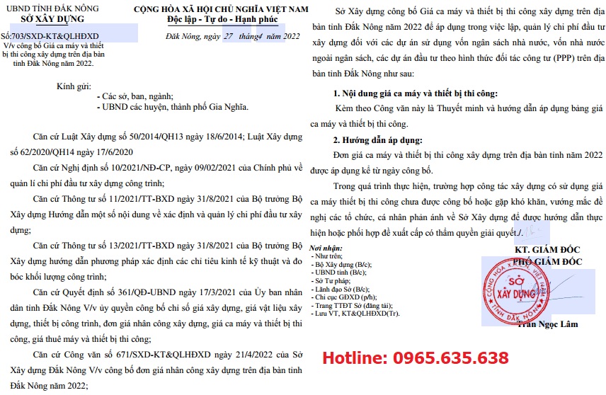 bảng giá ca máy tỉnh Đắk Nông năm 2022