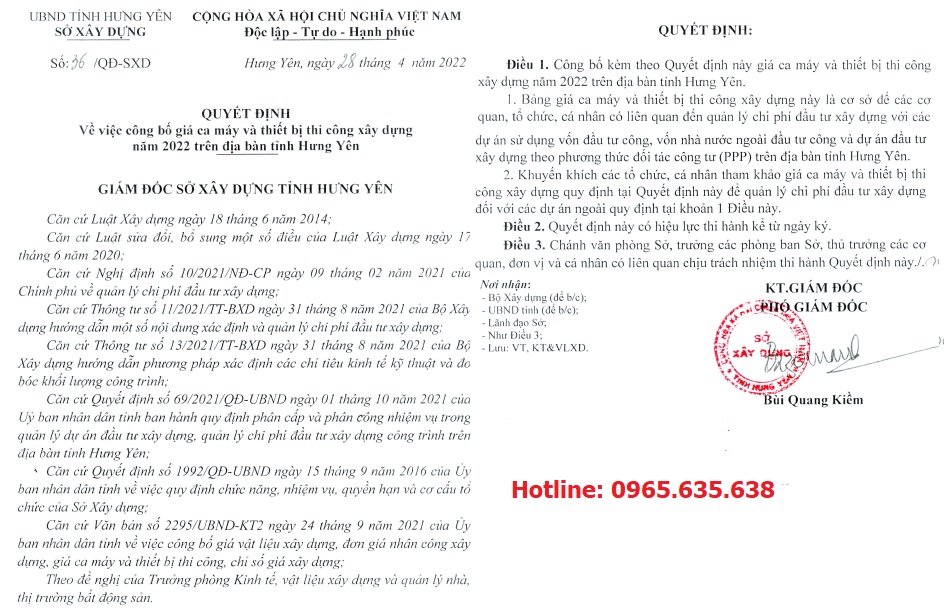 Bảng giá ca máy tỉnh Hưng Yên Quyết định 36/QĐ-SXD